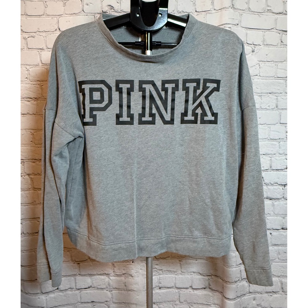 Victoria's Secret PINK Gray Crewneck Sweatshirt Logo Tape Sleeve Large